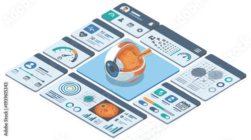 3D Isometric Medical SaaS Dashboard Showcasing Eye Health Analytics and Patient Data Visualization
