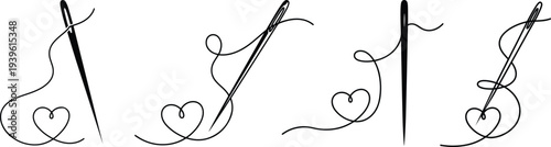 Needle and thread in heart line art illustration collection, thick black line themes of craftsmanship Embroidery, craft tool for shop, love, or creation for use as a logo or icon on white background.