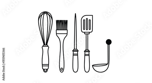 Set of five common kitchen utensils including a whisk, brush, sharpener, spatula, and ladle, shown in line art on white background.