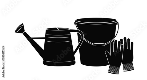 Solid black silhouettes of various gardening essentials including a watering can, a bucket, and a pair of work gloves on white.