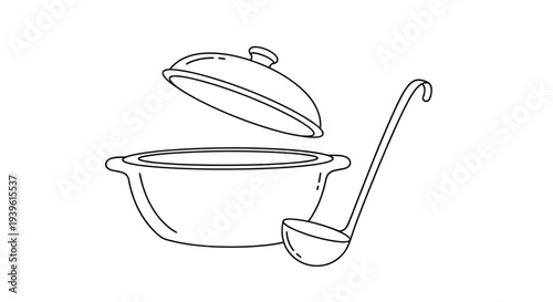 Simple line art illustration of a cooking pot with an open lid and a large soup ladle standing next to it on a white background.