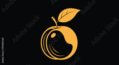 Vivid orange apple with a single leaf shown in a stylized artistic manner against a solid and deep black background.