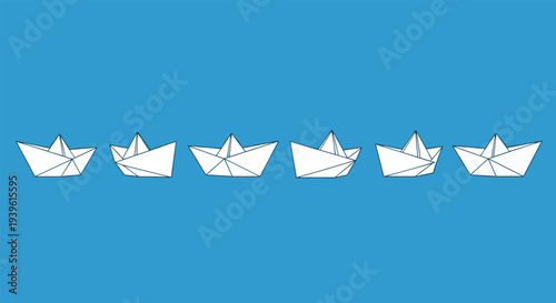 Row of six identical white paper boats floating on a bright blue background symbolizing travel, leadership, and new journeys.