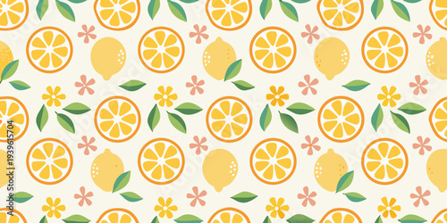 A bright and cheerful pattern featuring lemons oranges and floral elements