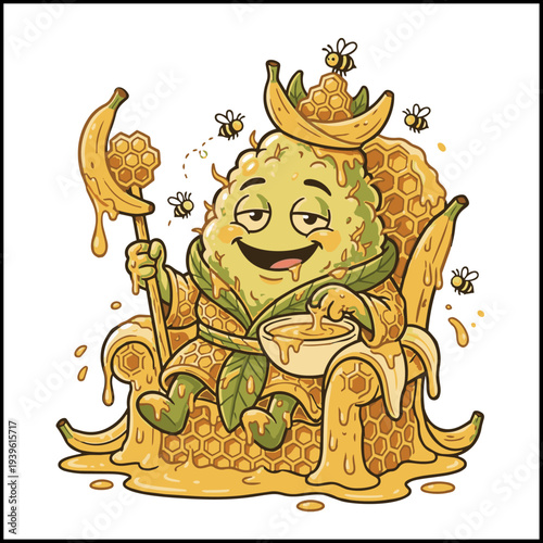 Honey Banana Cannabis Bud Cartoon Character Sitting on Honey Throne Isolated on White