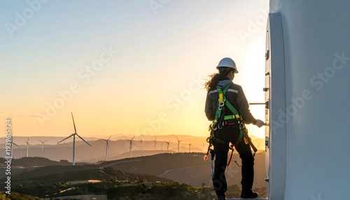 Female renewable energy technician in safety gear performing maintenance on a wind turbine door at sunset with an expansive turbine farm background