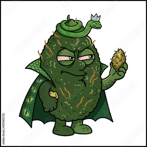 Jealousy Cannabis Bud Cartoon Superhero Character with Cape Holding Nug Isolated on White