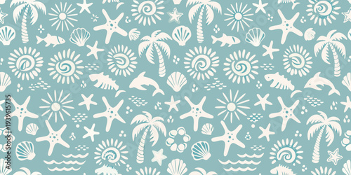 A seamless pattern of tropical marine life and sunbursts on teal