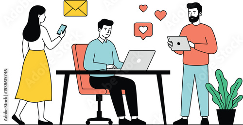 People using digital devices communication illustration, smartphone messaging, laptop work, tablet browsing, online social interaction modern technology lifestyle concept