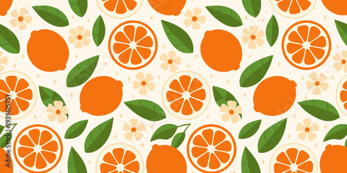 Seamless pattern featuring oranges orange slices leaves and delicate flowers