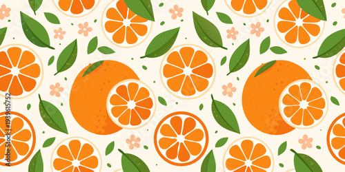 Seamless pattern of vibrant orange slices leaves and small blossoms