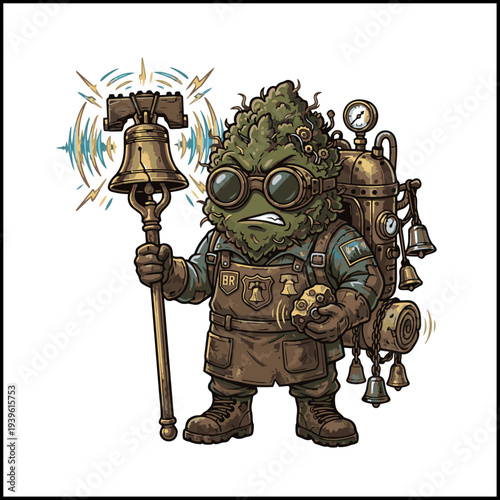 Bell Ringer Cannabis Bud Cartoon Steampunk Character with Staff and Bells Isolated on White