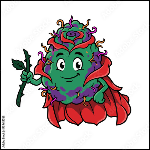 Whitethorn Rose Cannabis Bud Cartoon Character with Rose Petals and Stem Isolated on White