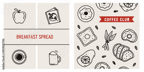 Hand drawn illustration featuring breakfast items and coffee club branding