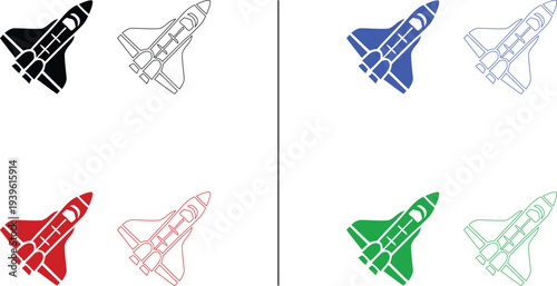 Modern Space Shuttle and Spacecraft Icon Set with Solid and Outline Styles in Multiple Colors
