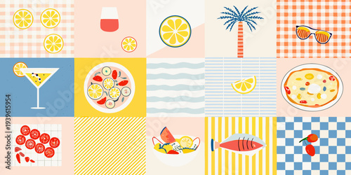 A colorful summer collage featuring citrus fruits drinks and beach elements