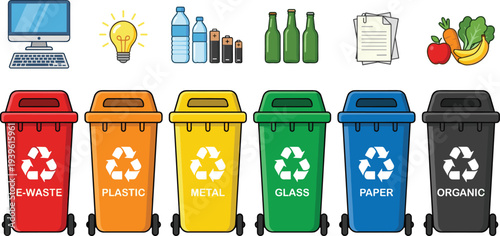 Waste sorting recycling bins vector set, e-waste plastic metal glass paper organic icons with recyclable items environmental sustainability concept