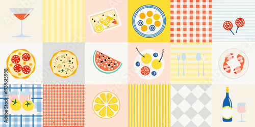 A colorful grid featuring various food and drink illustrations