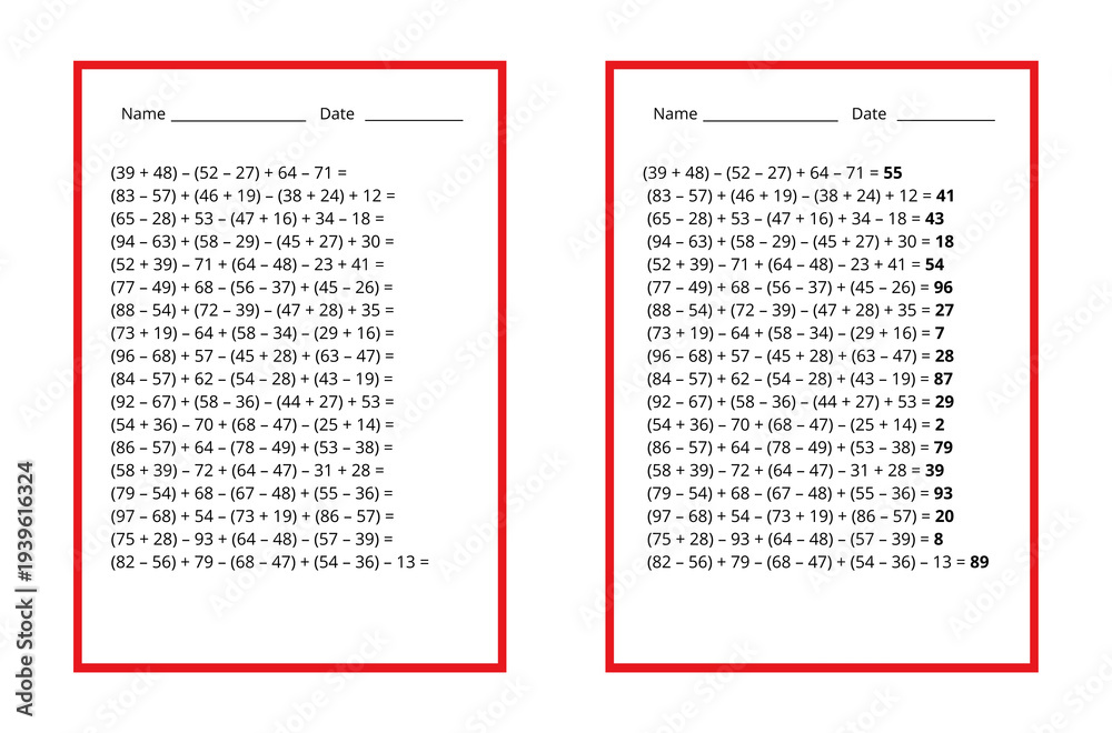 Fototapeta premium complex problems with brackets, a math worksheet for calculation and addition, and a worksheet with answers. second and third grade school curriculum, numbers from 1 to 100