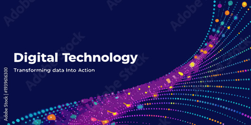 Digital technology concept with vibrant flowing particle trails and text
