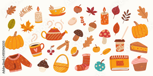 Autumnal still life featuring fall foliage cozy objects and sweet treats