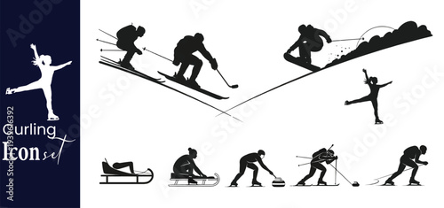 Curling and Winter Ice Sports Silhouette Set with Skiing Icons