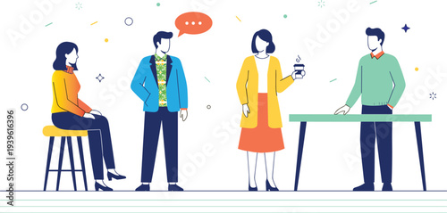 Business Team Communication and Discussion Concept with Office People Meeting Flat Vector Illustration