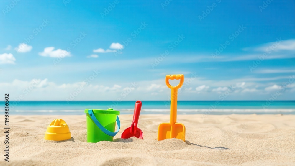 custom made wallpaper toronto digitalColorful beach toys including a yellow shovel, green bucket, red spade, and yellow sand mold are arranged on sandy beach with ocean and sky in the background.