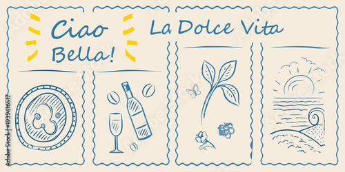 Italian themed illustration with pasta wine and scenic elements