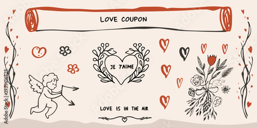 A whimsical love coupon with hearts cherubs and floral illustrations
