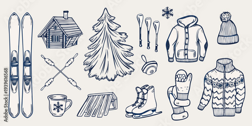 Winter themed doodles featuring ski equipment cabin and cozy clothing