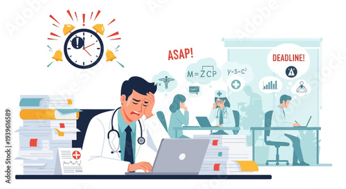 Stressed Doctor Experiencing Burnout, Heavy Workload, and Urgent Deadlines in a Demanding Healthcare Environment