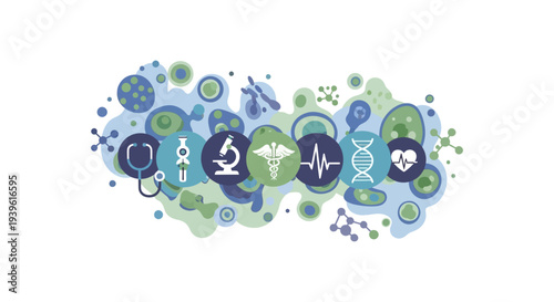 Healthcare and Science Concept: Modern Medical Icons, DNA, Stethoscope, Microscope on Abstract Background