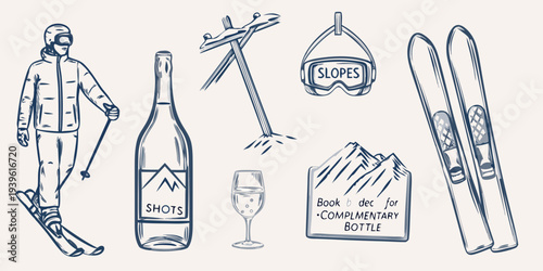 A skier and winter sports equipment sketch with celebratory elements