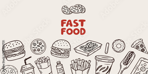 Hand drawn illustration featuring various fast food items and bold text
