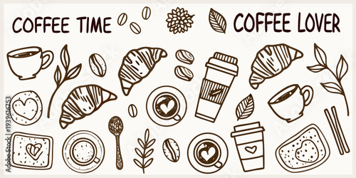 Coffee and pastry doodles create a charming illustrative banner design