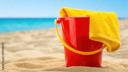 A red bucket with a yellow towel sits on sandy beach with clear blue sea and sky in the background.