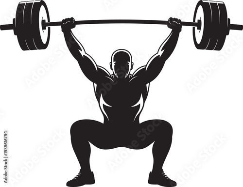 Muscular man lifting heavy barbell overhead