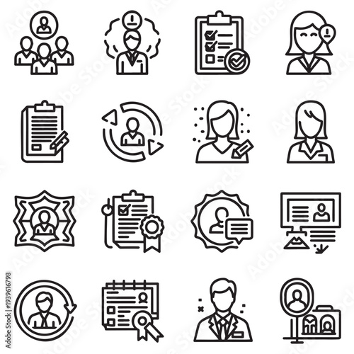 Business management and human resources line icons depicting candidate recruitment employee evaluation document verification and leadership symbols in professional black stroke vector illustration set