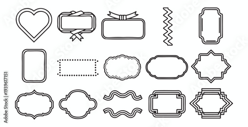 Assortment of black outline frames and border elements, including various shapes and decorative styles for labels, badges, or text boxes
