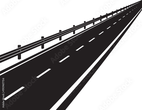 Black and white of an empty highway with guardrails also transparent background road