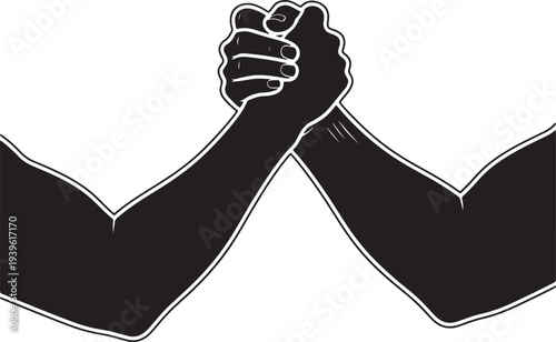 Black and white of two hands arm wrestling with tense muscles also transparent background competition
