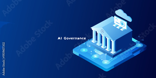 Ai governance concept with building and smartphone illustration