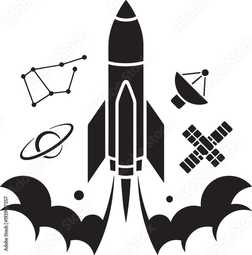 space rocket launch with satellites and planet