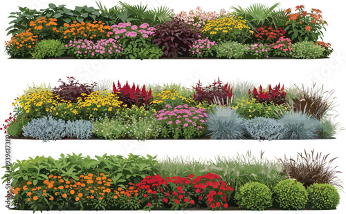 Vibrant Garden Flower Bed Collection Featuring Three Horizontal Landscaping Arrangements With Colorful Ornamental Plants Shrubs Grasses and Seasonal Blooms for Professional Backyard Garden Landscape 