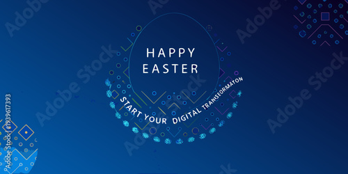 A blue happy easter graphic with circular and floral design elements