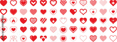 Large collection of red heart icons in various styles,