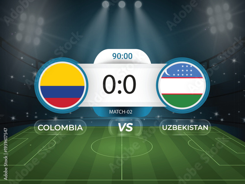 Colombia vs Uzbekistan 2026 world cup match with scoreboard and broadcast schedule template design