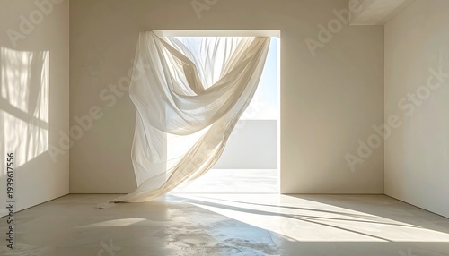 A slow motion inspired still image of white fabric billowing gently in an open doorway as bright sunlight floods a minimalist room