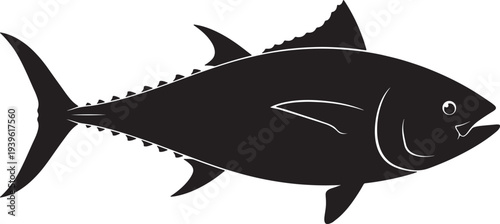 Black silhouette of a large tuna fish with pronounced fins and tail also transparent background